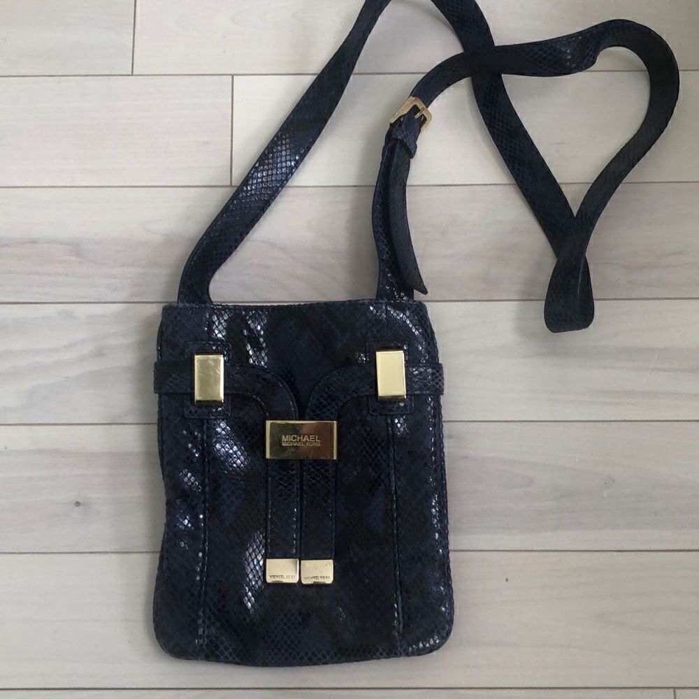 Michael Kors Blue Python Embossed Studded Leather Strap Gold Crossbody Purse Bag